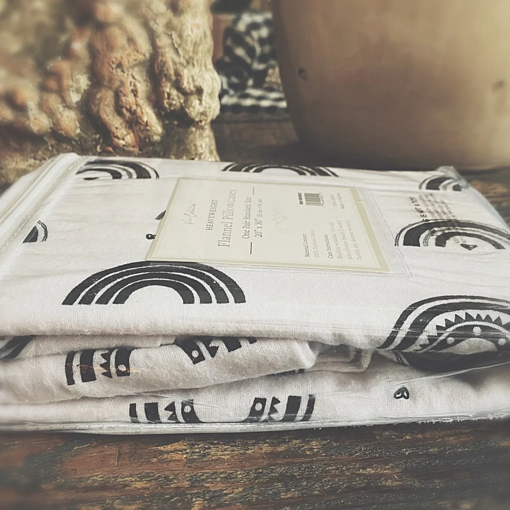 Standard Flannel Pillowcases - Black & White Rainbows/Hearts - Turkish Cotton